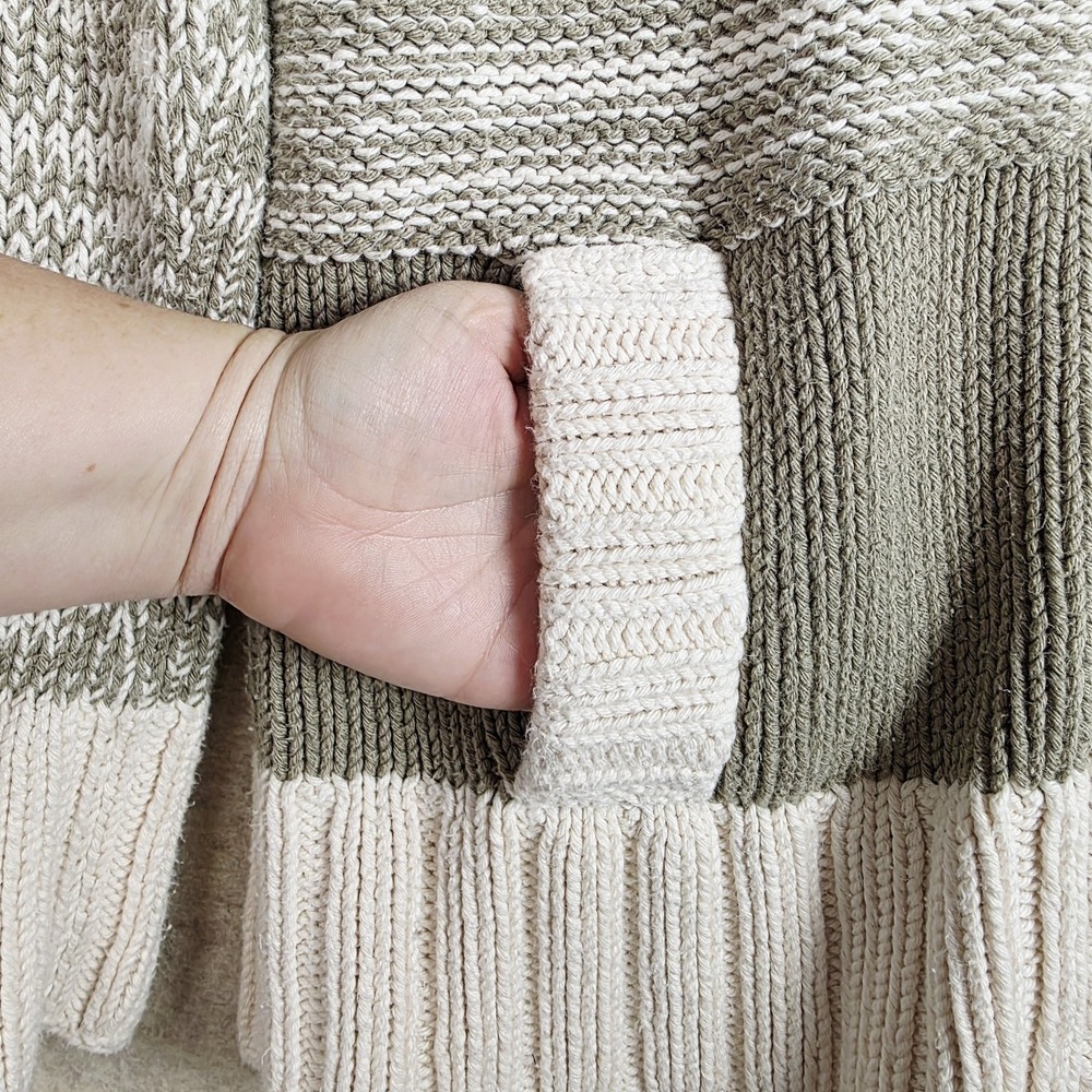 Hand-knit Cabin Coastal Patchwork Sweater Cowl Neck Button Front Chunky‎ Neutral - Picture 5 of 15